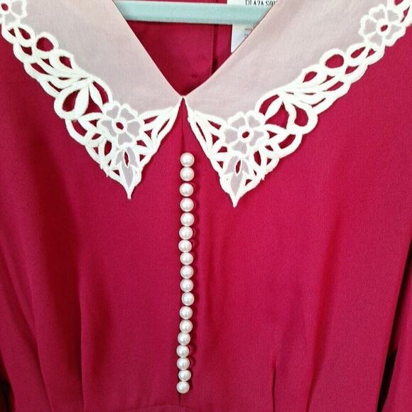 Vintage 80s/90s Red Lace Collar Midi Goth Coquette Dress Women Size 14 - Picture 10 of 11